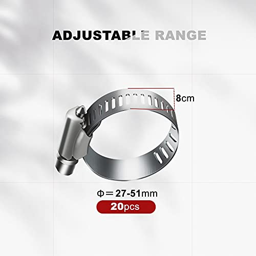 Juasky 20pcs Adjustable Worm Gear Hose Clamp Stainless Steel Pipe Clamps, 1"-2"(27-51mm) Tube Clamp Tool for Water Pipe, Plumbing, Fuel Line,Intercooler - Image 2