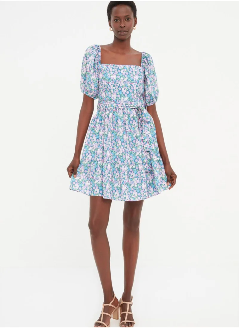 trendyol Puff Sleeve Floral Print Tiered Dress