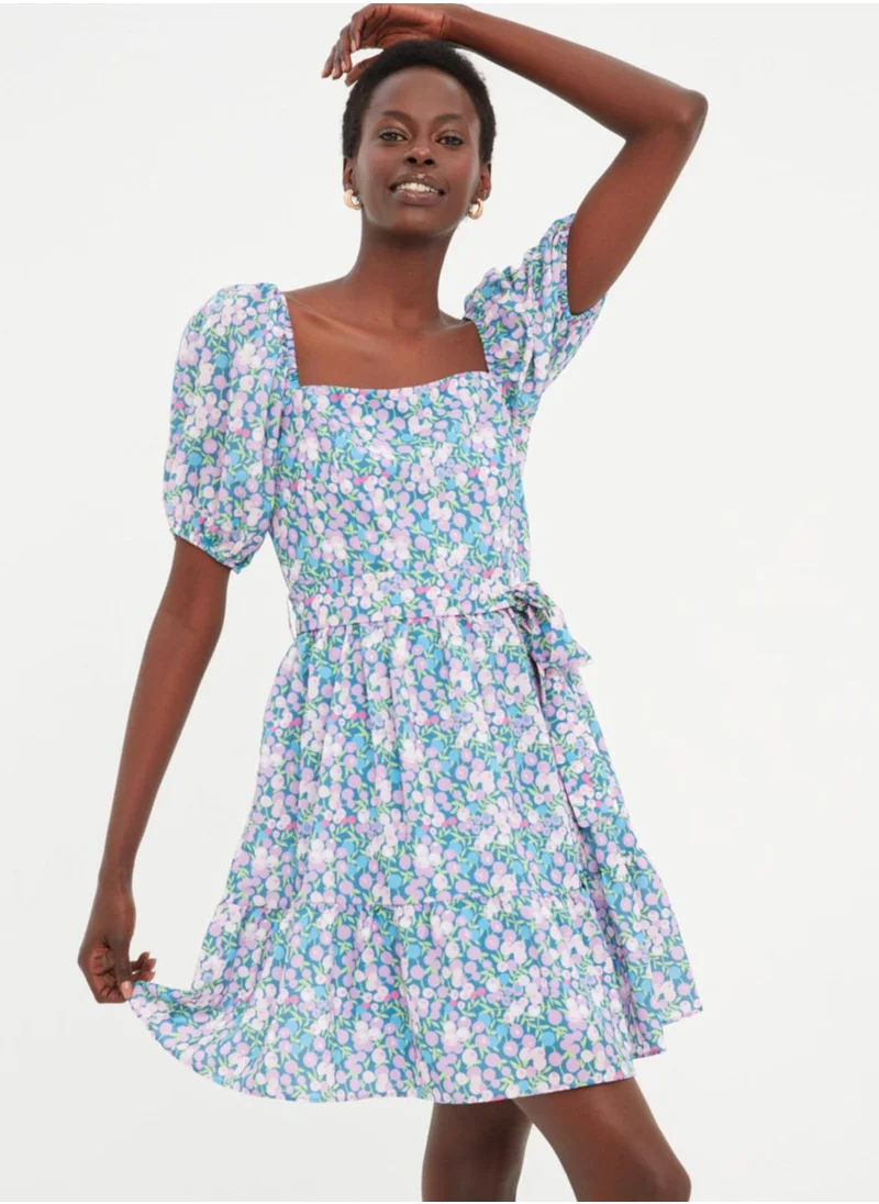 trendyol Puff Sleeve Floral Print Tiered Dress
