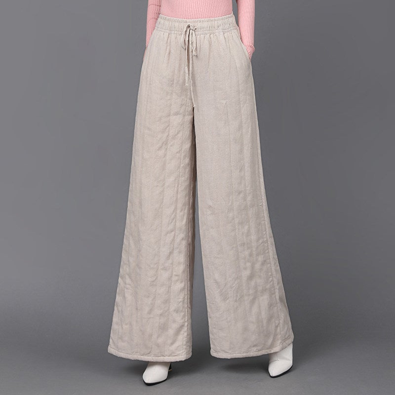 High-end cotton and linen elastic waistband cotton pants Maillard spring new high-end thick warm casual straight pants - Image 3