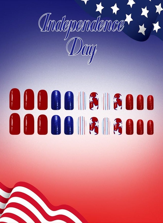 ROKHEVN 4th of July Press on Nails Short Square Fake Nails Red White Blue False Nails Independence Day Nail Press ons Star Line Design False Nail Artificial Acrylic Glossy Glue on Nail for Women 24Pcs - Image 5