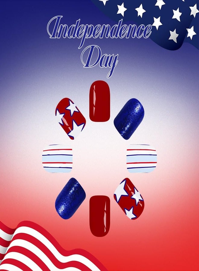 ROKHEVN 4th of July Press on Nails Short Square Fake Nails Red White Blue False Nails Independence Day Nail Press ons Star Line Design False Nail Artificial Acrylic Glossy Glue on Nail for Women 24Pcs - Image 4