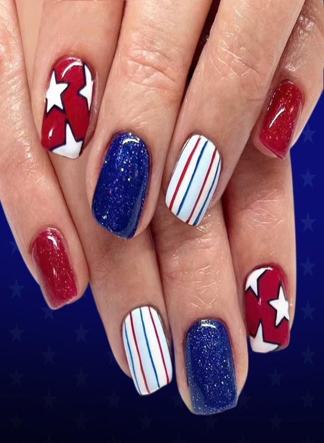 ROKHEVN 4th of July Press on Nails Short Square Fake Nails Red White Blue False Nails Independence Day Nail Press ons Star Line Design False Nail Artificial Acrylic Glossy Glue on Nail for Women 24Pcs - Image 1