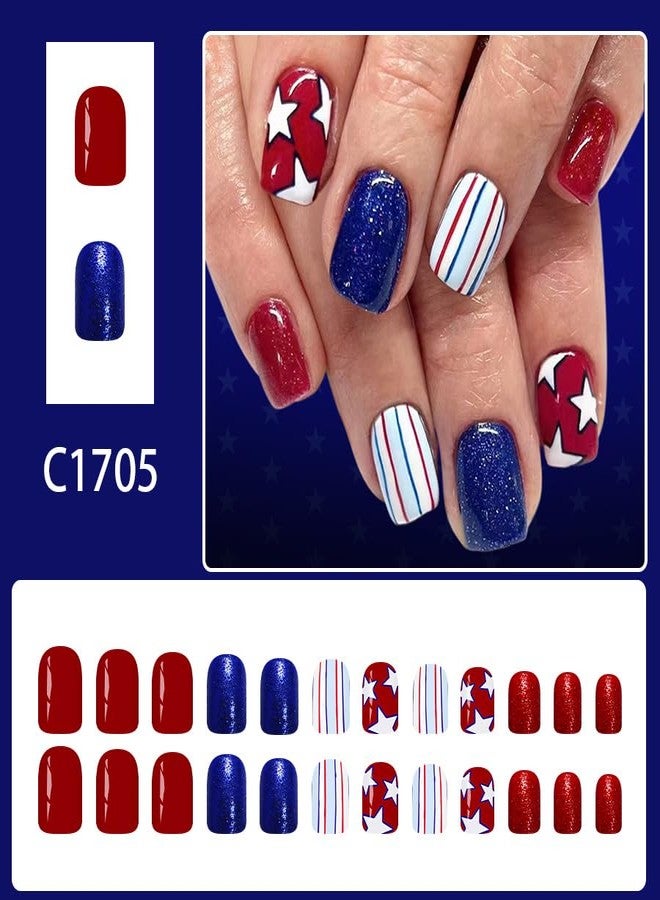 ROKHEVN 4th of July Press on Nails Short Square Fake Nails Red White Blue False Nails Independence Day Nail Press ons Star Line Design False Nail Artificial Acrylic Glossy Glue on Nail for Women 24Pcs - Image 2