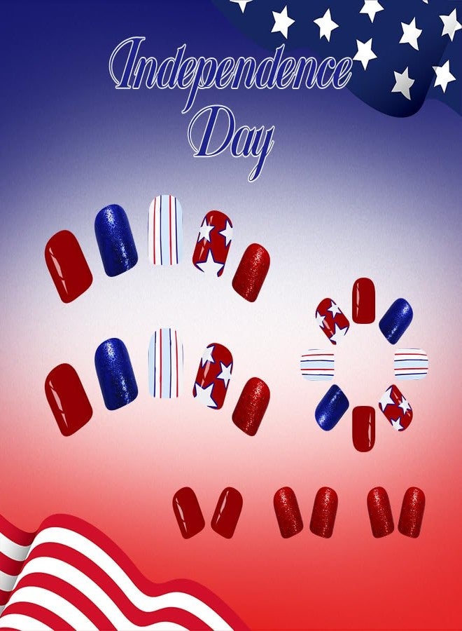ROKHEVN 4th of July Press on Nails Short Square Fake Nails Red White Blue False Nails Independence Day Nail Press ons Star Line Design False Nail Artificial Acrylic Glossy Glue on Nail for Women 24Pcs - Image 3