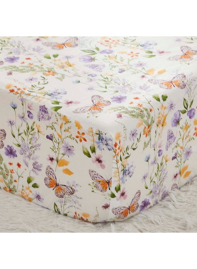 Brandream Luxury Softer Thicker Crib Sheets Set Cotton Wildflower Butterfly Printed Toddler Sheets For Baby Girls Breathable Comfy Durable 28"X52" Purple Pink Sage Green White  - Image 2