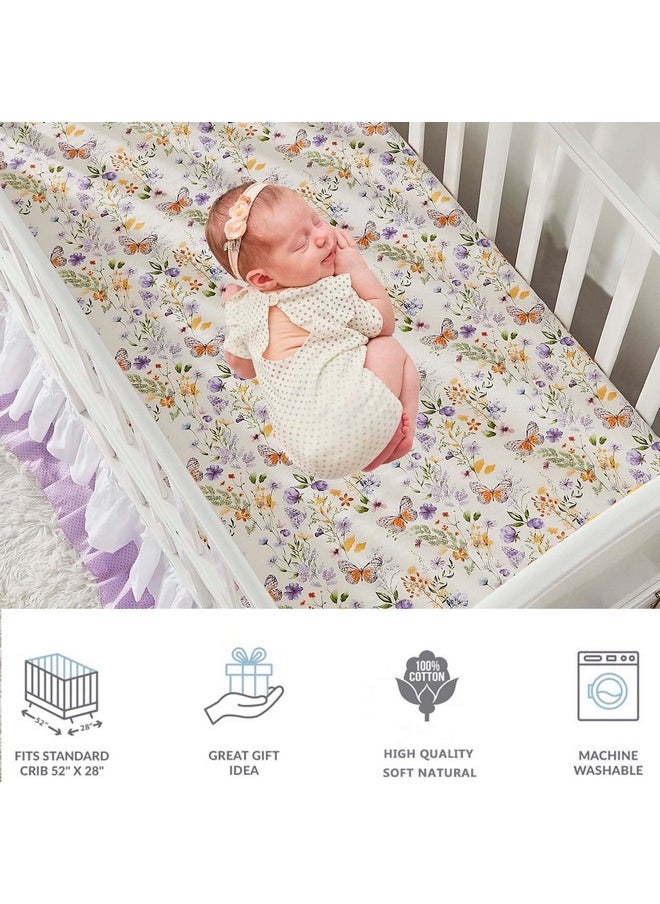 Brandream Luxury Softer Thicker Crib Sheets Set Cotton Wildflower Butterfly Printed Toddler Sheets For Baby Girls Breathable Comfy Durable 28"X52" Purple Pink Sage Green White  - Image 3