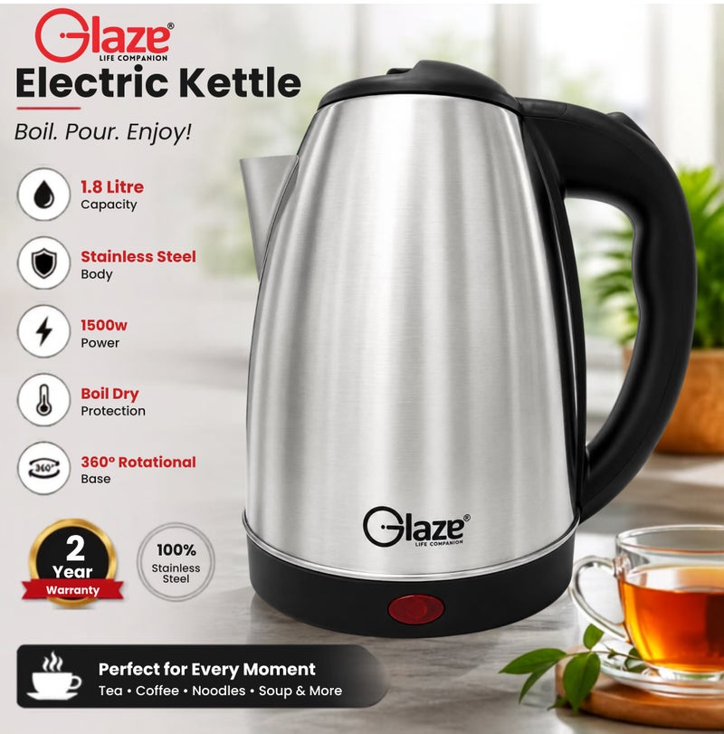 Glaze Electric Kettle 1.8L 1500W Stainless Steel Fast Boil Water Kettle with Auto Shut-Off, Dry Boil Protection, 360° Rotating Base, Food Grade 304 Stainless Steel, Tea Coffee Water Boiler, GLK180, Silver/Black - Image 1