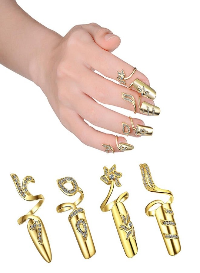 UPSTORE 4Pcs Women Fingernail Opening Ring Finger Nail Ring Knuckle Rhinestone Cover Tip Nail Cap Loop Ring for Women Nail Art Charm Fingernail Accessories (Gold) - Image 1