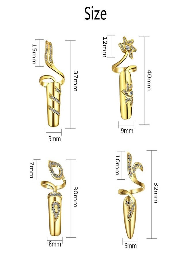 UPSTORE 4Pcs Women Fingernail Opening Ring Finger Nail Ring Knuckle Rhinestone Cover Tip Nail Cap Loop Ring for Women Nail Art Charm Fingernail Accessories (Gold) - Image 2