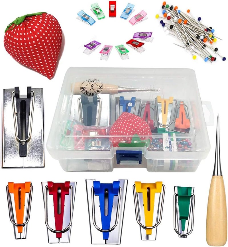 LNKA Fabric Bias Tape Maker Set of 19pcs Tools with Instruction,Bias Maker 1/4" 3/8" 1/2" 3/4" 1" 2" Quilting Pins Sewing Pincushion Clips Awl - Image 2