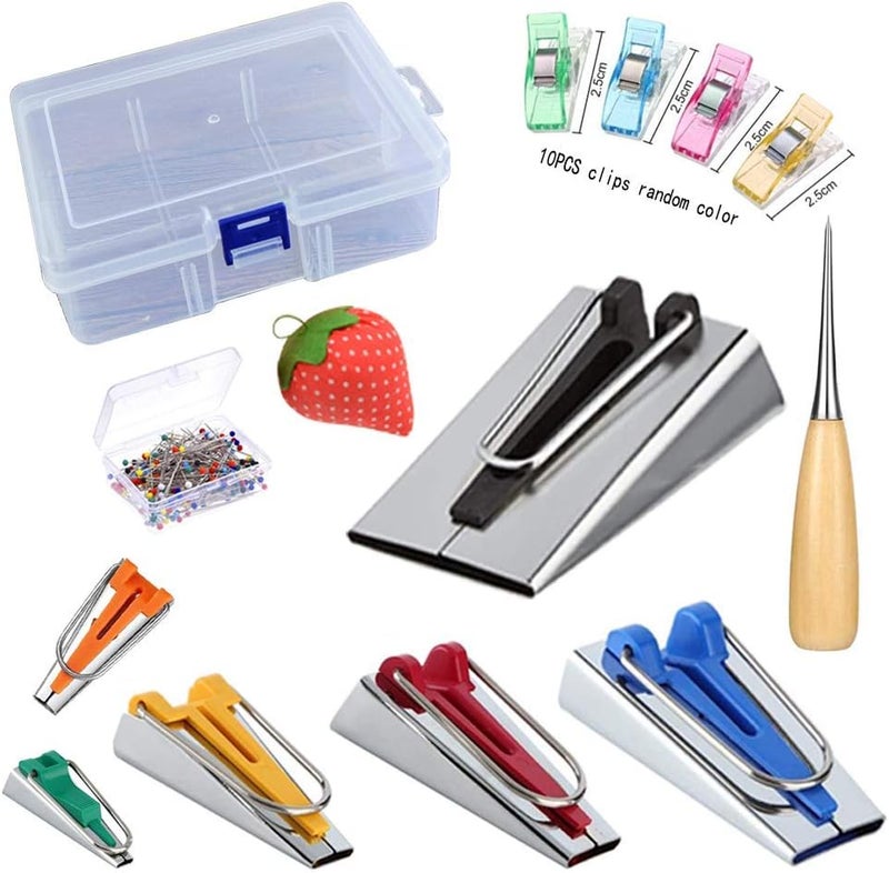 LNKA Fabric Bias Tape Maker Set of 19pcs Tools with Instruction,Bias Maker 1/4" 3/8" 1/2" 3/4" 1" 2" Quilting Pins Sewing Pincushion Clips Awl - Image 1