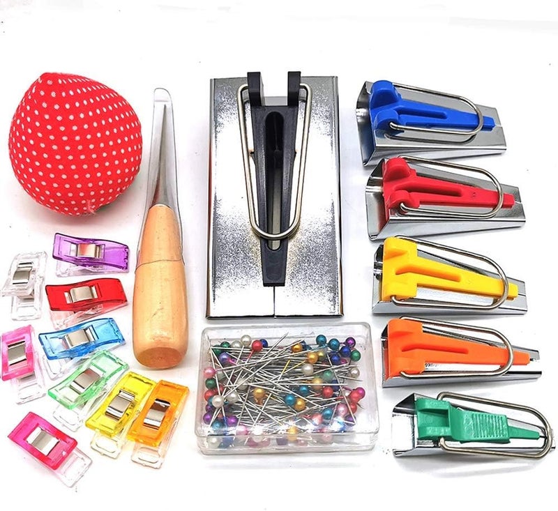LNKA Fabric Bias Tape Maker Set of 19pcs Tools with Instruction,Bias Maker 1/4" 3/8" 1/2" 3/4" 1" 2" Quilting Pins Sewing Pincushion Clips Awl - Image 3
