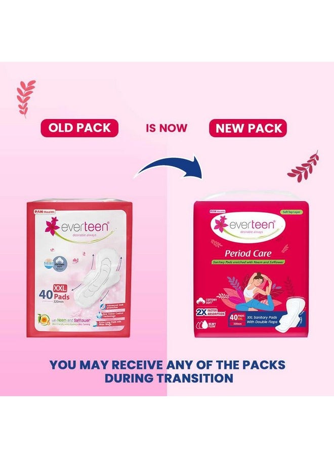 everteen - Period Care Xxl Soft Neem-Safflower Sanitary Pads For Women - 40 Pads, Rash Free, Anti Tan, Skin Friendly, Double Wing Shape, Advanced Leak Protection, Xx Large, 320Mm - 1 Pack (40 Pads) - Image 1