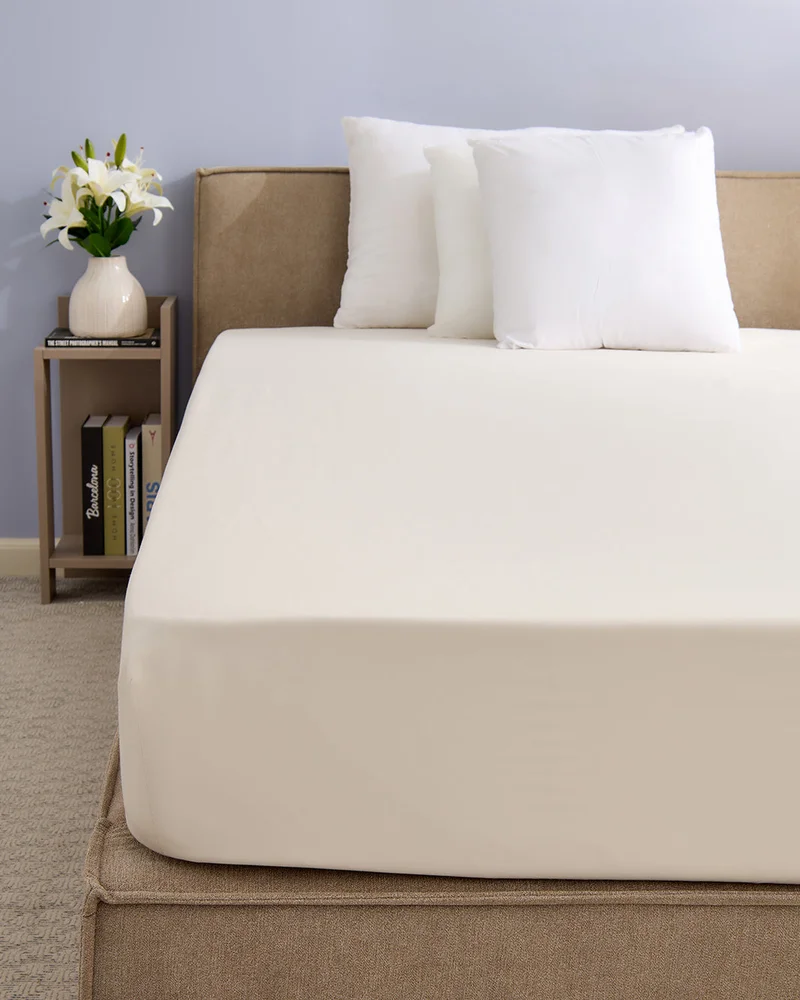 REDTAG Ivory Plain Cotton Fitted Sheet (210 x 180 cm)