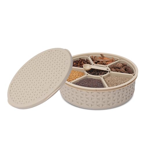 Jaypee Plus Spice Souk Knitted Pattren 7 compartment Air Tight Kitchen Organizer Round Masala Dabba | Spice Box | Spice Jar with Spoon for Kitchen, Beige - Image 5