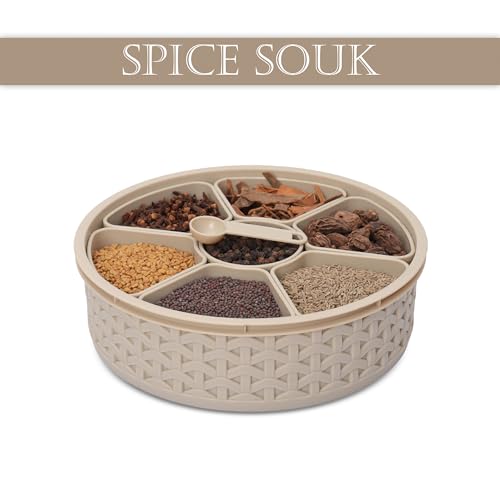 Jaypee Plus Spice Souk Knitted Pattren 7 compartment Air Tight Kitchen Organizer Round Masala Dabba | Spice Box | Spice Jar with Spoon for Kitchen, Beige - Image 2