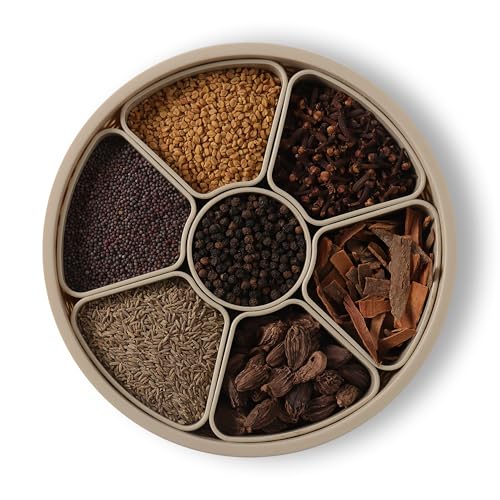 Jaypee Plus Spice Souk Knitted Pattren 7 compartment Air Tight Kitchen Organizer Round Masala Dabba | Spice Box | Spice Jar with Spoon for Kitchen, Beige - Image 1