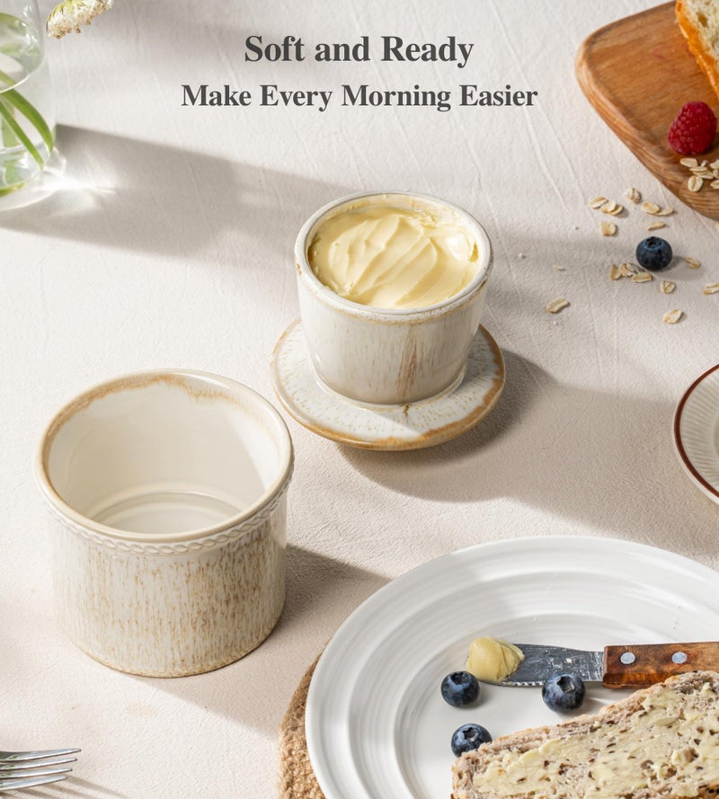 Jersinwei Butter Crock with Lid, Ceramic Butter Crock for Spreadable Soft Butter, Vintage Chain-Rim Design, Home and Kitchen Decor, Housewarming Gift, Cream Vein White - Image 4