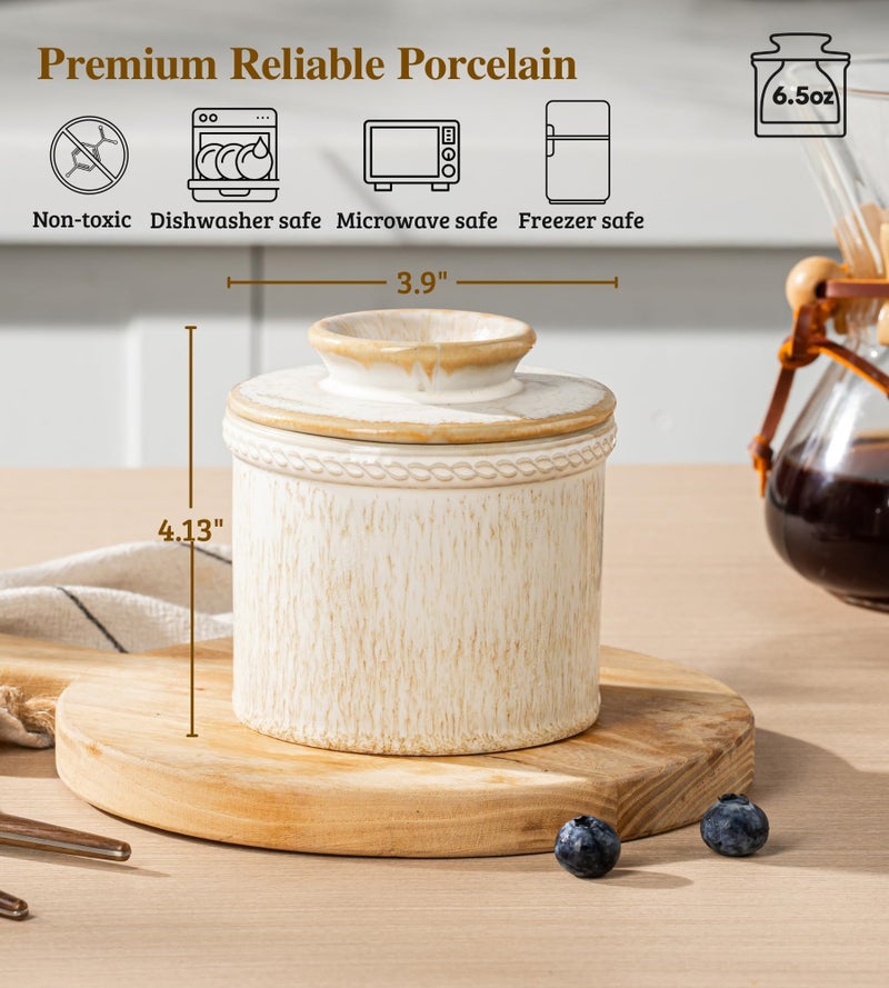 Jersinwei Butter Crock with Lid, Ceramic Butter Crock for Spreadable Soft Butter, Vintage Chain-Rim Design, Home and Kitchen Decor, Housewarming Gift, Cream Vein White - Image 3