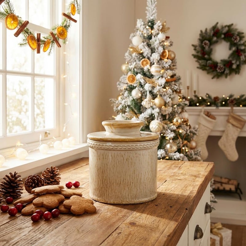 Jersinwei Butter Crock with Lid, Ceramic Butter Crock for Spreadable Soft Butter, Vintage Chain-Rim Design, Home and Kitchen Decor, Housewarming Gift, Cream Vein White - Image 2