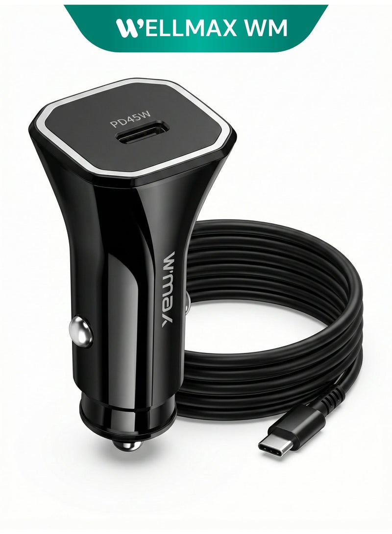 WELLMAX WM 45W PD Car Charger Fast Charging Adapter with Lightning Cable USB C Car Charger for iPhone iPad Compact Travel Charger for Vehicle Cigarette Lighter - Image 1