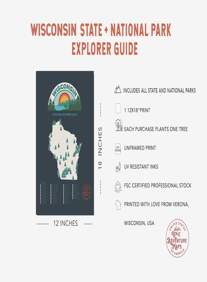 Epic Adventure Maps خريطة مغامرات ملحمية: ملصق قائمة أمنيات حدائق ولاية ويسكونسن، خريطة رائعة لولاية ويسكونسن تضم الحدائق الوطنية والولائية، مطبوعة سفر رائعة - Image 3