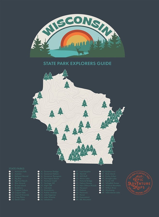 Epic Adventure Maps خريطة مغامرات ملحمية: ملصق قائمة أمنيات حدائق ولاية ويسكونسن، خريطة رائعة لولاية ويسكونسن تضم الحدائق الوطنية والولائية، مطبوعة سفر رائعة - Image 1