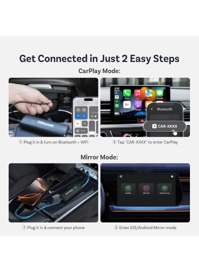 OTTOCAST Mirror Touch, 3 in 1 Screen Mirroring Adapter for Car with Wireless Carplay Adapter, Watch Video on Car Screen from iPhone 15+ & Android Phone with DP, for OEM Wired Carplay Cars (2016+) - Image 2