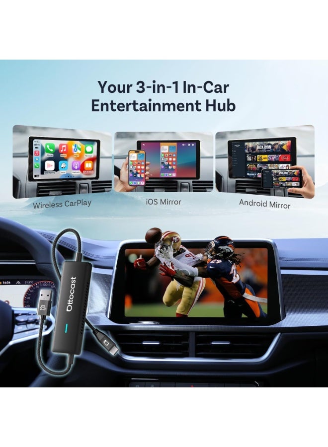 OTTOCAST Mirror Touch, 3 in 1 Screen Mirroring Adapter for Car with Wireless Carplay Adapter, Watch Video on Car Screen from iPhone 15+ & Android Phone with DP, for OEM Wired Carplay Cars (2016+) - Image 3