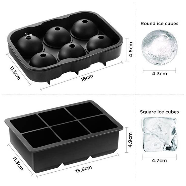 SCHUBERT Silicone 6 Giant Ice Ball Maker and Silicone 6 Giant Ice Cube Tray Silicone Sphere Mold Bar Whiskey CocktailsBlack Round Square 6 Grid Ice Cube Tray - Image 4