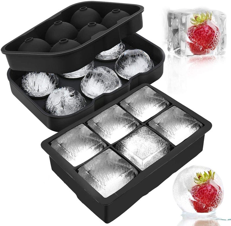 SCHUBERT Silicone 6 Giant Ice Ball Maker and Silicone 6 Giant Ice Cube Tray Silicone Sphere Mold Bar Whiskey CocktailsBlack Round Square 6 Grid Ice Cube Tray - Image 1
