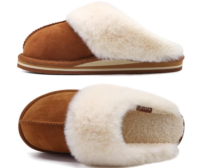 KuaiLu Womens Cozy Memory Foam Slippers Ladies Fuzzy Faux Fur Lined Warm Arch Support House Shoes Slip on Comfy Winter Scuff Indoor Outdoor Rubber Hard Sole Orthotic Plush Bedroom Chestnut Size 8.5 - Image 1