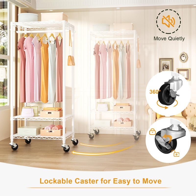 FUTASSI P6 Mini Rolling Clothes Rack Heavy Duty, Clothing Racks for Hanging Clothes, Freestanding Garment Rack with Wheels, Portable Closet Rack Max Load 360LBS, 23.6''W x 14''D x 74.6''H, White - Image 5
