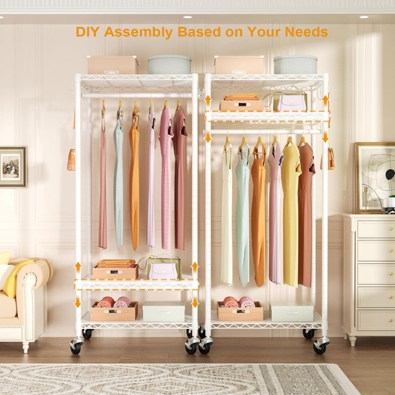 FUTASSI P6 Mini Rolling Clothes Rack Heavy Duty, Clothing Racks for Hanging Clothes, Freestanding Garment Rack with Wheels, Portable Closet Rack Max Load 360LBS, 23.6''W x 14''D x 74.6''H, White - Image 4