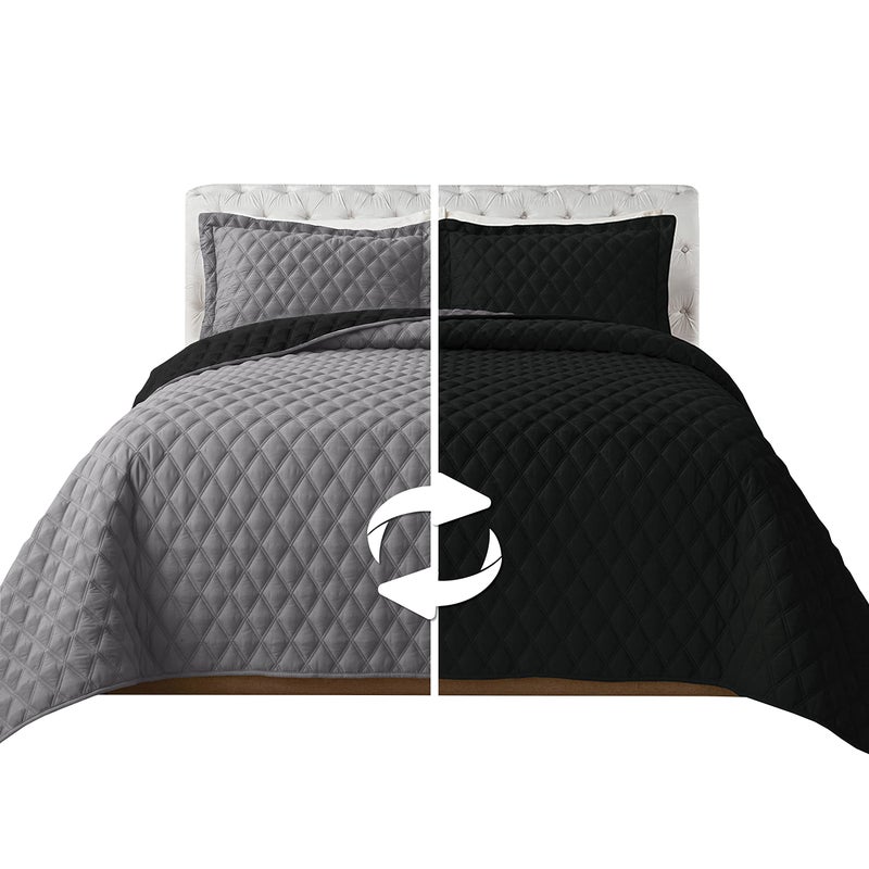 Elegant Comfort Elegant Comfort 3-Piece Quilted Reversible Bedspread Coverlet Set with Pillow Shams  Exquisite Diamond Stitching All Season Heavy Weight - Ultra Soft Premium Quilt- Twin XL  Black/Gray  - Image 1