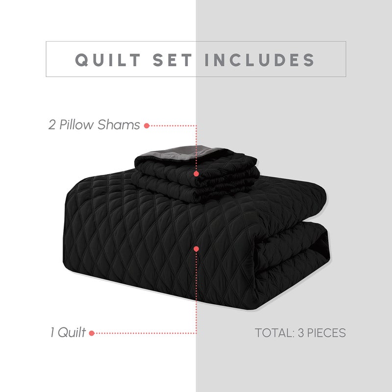 Elegant Comfort Elegant Comfort 3-Piece Quilted Reversible Bedspread Coverlet Set with Pillow Shams  Exquisite Diamond Stitching All Season Heavy Weight - Ultra Soft Premium Quilt- Twin XL  Black/Gray  - Image 3
