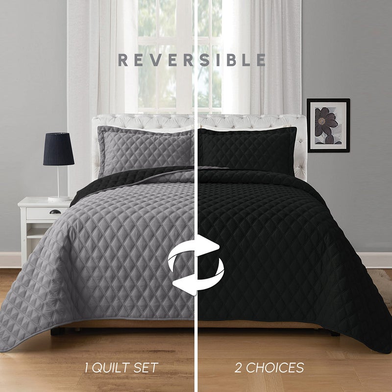 Elegant Comfort Elegant Comfort 3-Piece Quilted Reversible Bedspread Coverlet Set with Pillow Shams  Exquisite Diamond Stitching All Season Heavy Weight - Ultra Soft Premium Quilt- Twin XL  Black/Gray  - Image 2