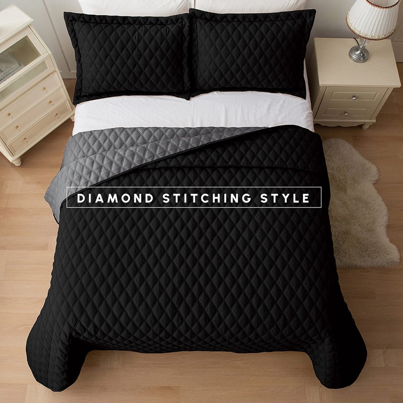 Elegant Comfort Elegant Comfort 3-Piece Quilted Reversible Bedspread Coverlet Set with Pillow Shams  Exquisite Diamond Stitching All Season Heavy Weight - Ultra Soft Premium Quilt- Twin XL  Black/Gray  - Image 5