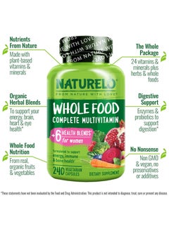 NATURELO Whole Food Multivitamin For Women 240 Vegetarian Capsules Dietary Supplement  - Image 3