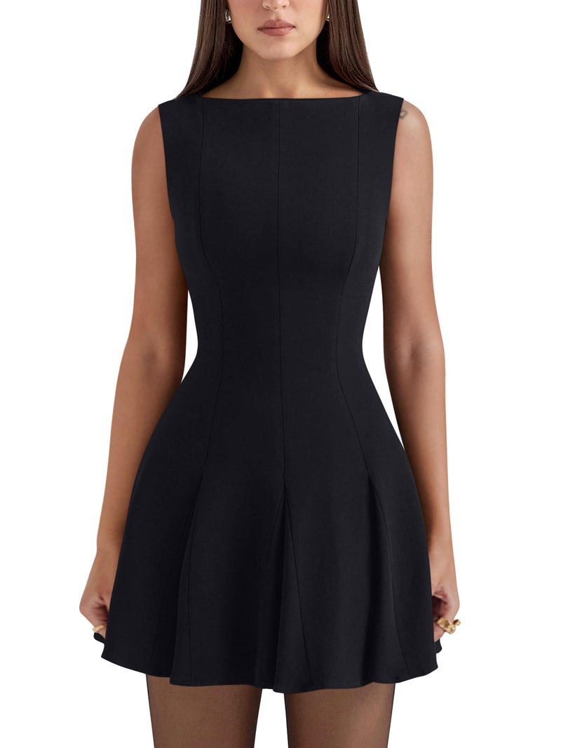 YMDUCH Women's Summer Sleeveless Boat Neck A-line Flared Hem Club Party Mini Dress Black - Image 1