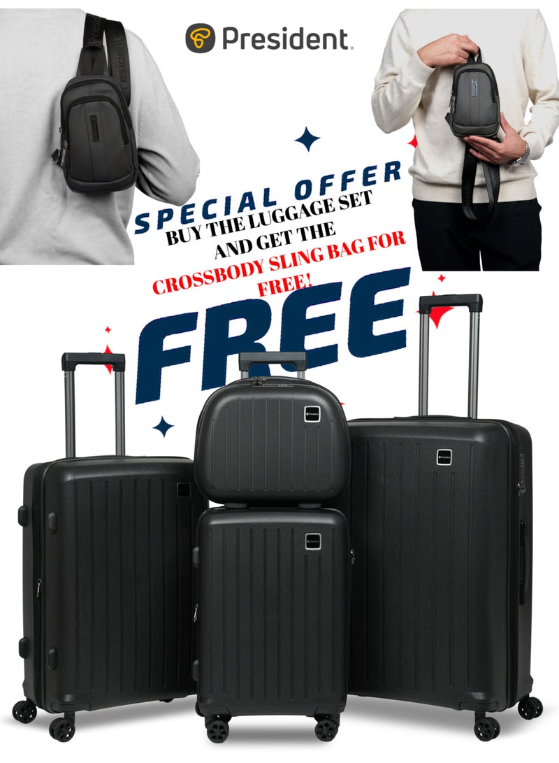 President Polypropylene 4 Piece Trolley Luggage Set, smooth 4 spinner wheels  with Free Sling Bag - Durable & Lightweight" 65081 - Drak Grey - Image 1