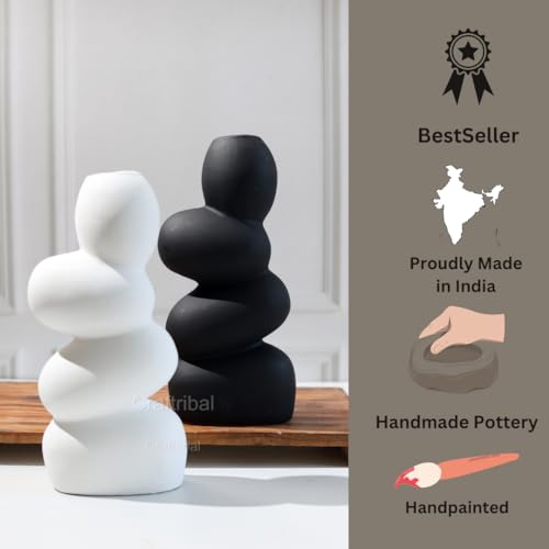 Craftribal's Pebble Vase (Set of 2)|Ceramic Flower Vase|10 Inches|Stone Vase|Color (White& Black) Pebble vase for Flowers Pampass Grass Home Decor Living Room Bedroom Office Center Table - Image 2