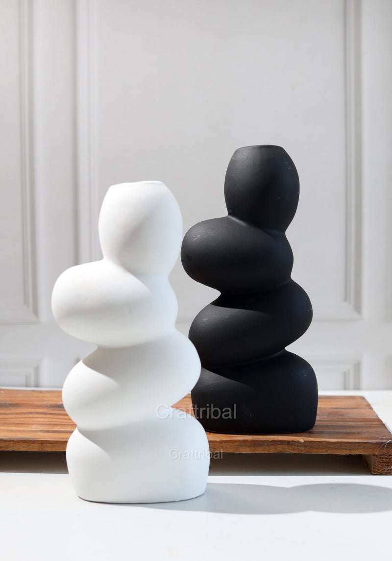 Craftribal's Pebble Vase (Set of 2)|Ceramic Flower Vase|10 Inches|Stone Vase|Color (White& Black) Pebble vase for Flowers Pampass Grass Home Decor Living Room Bedroom Office Center Table - Image 1