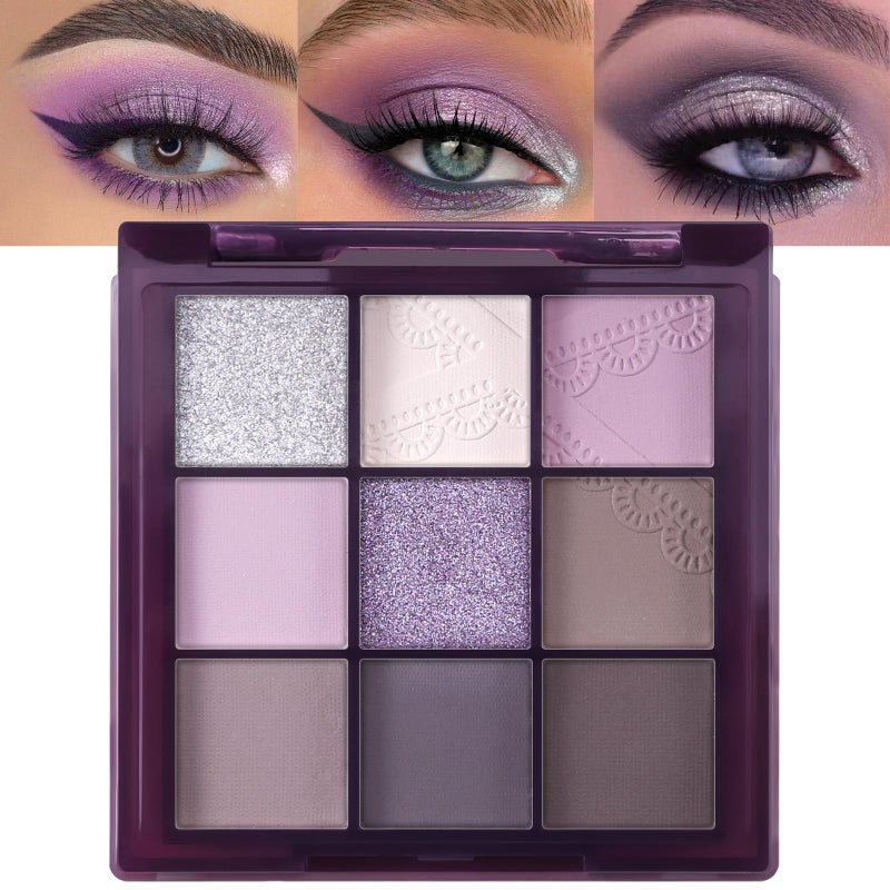 Erinde 9 Colors Eyeshadow Palette Matte Shimmer Glitter Eye Shadow Palette Makeup Highly Pigmented Long Lasting Waterproof Natural Neutral Nude Eyeshadow Make Up Pallet Purple Dreamscape - Image 3