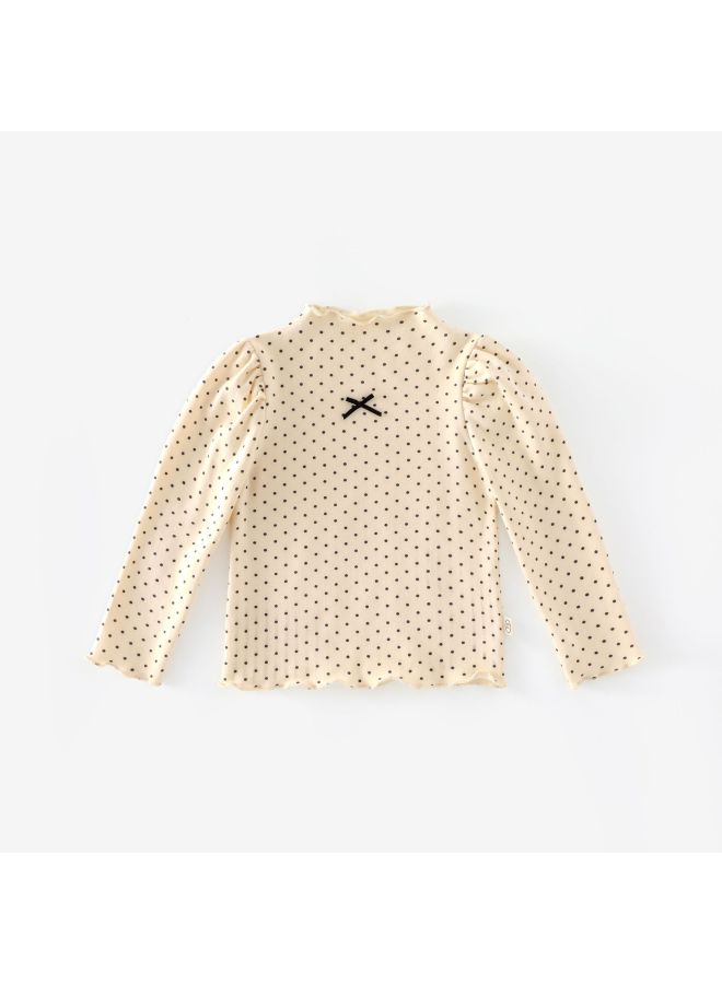 Girls' Striped Base Shirt With Small Left And Right Details, Autumn Baby Stylish Polka Dot T-shirt, Children's Korean Style Bow Top