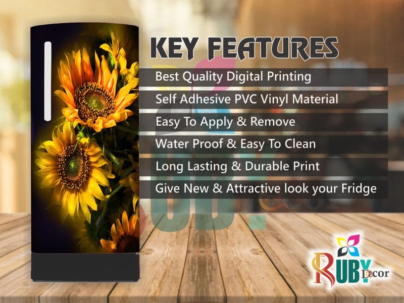 Ruby Décor Decorative Black Sticker with Yellow Fire Desigs Refrigerator Door Sticker PVC Vinyl Fridge Wrap Sticker for Home (120 cm x 60 cm or 48 X 24 Inches)