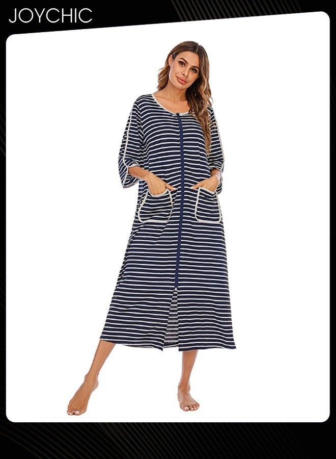 Joychic Autumn and Winter Women Casual Home Wear Loose Comfortable Three-quarter-sleeved Long Round Collar Striped Nightgown with Pockets Navy Blue+White - Image 1