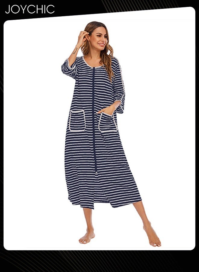 Joychic Autumn and Winter Women Casual Home Wear Loose Comfortable Three-quarter-sleeved Long Round Collar Striped Nightgown with Pockets Navy Blue+White - Image 2