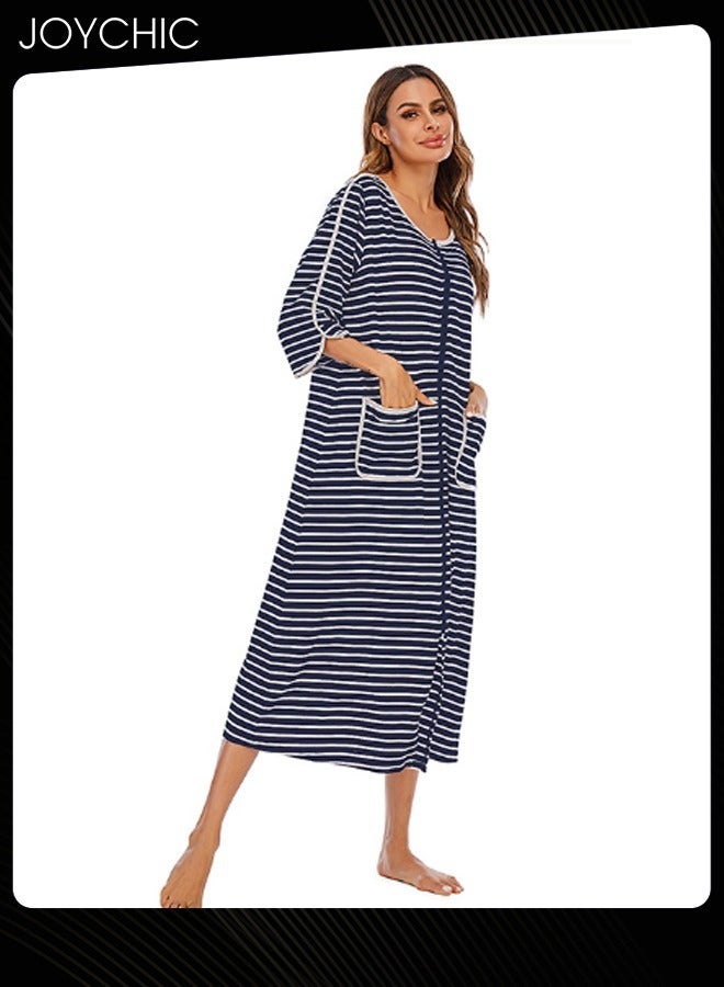 Joychic Autumn and Winter Women Casual Home Wear Loose Comfortable Three-quarter-sleeved Long Round Collar Striped Nightgown with Pockets Navy Blue+White - Image 3